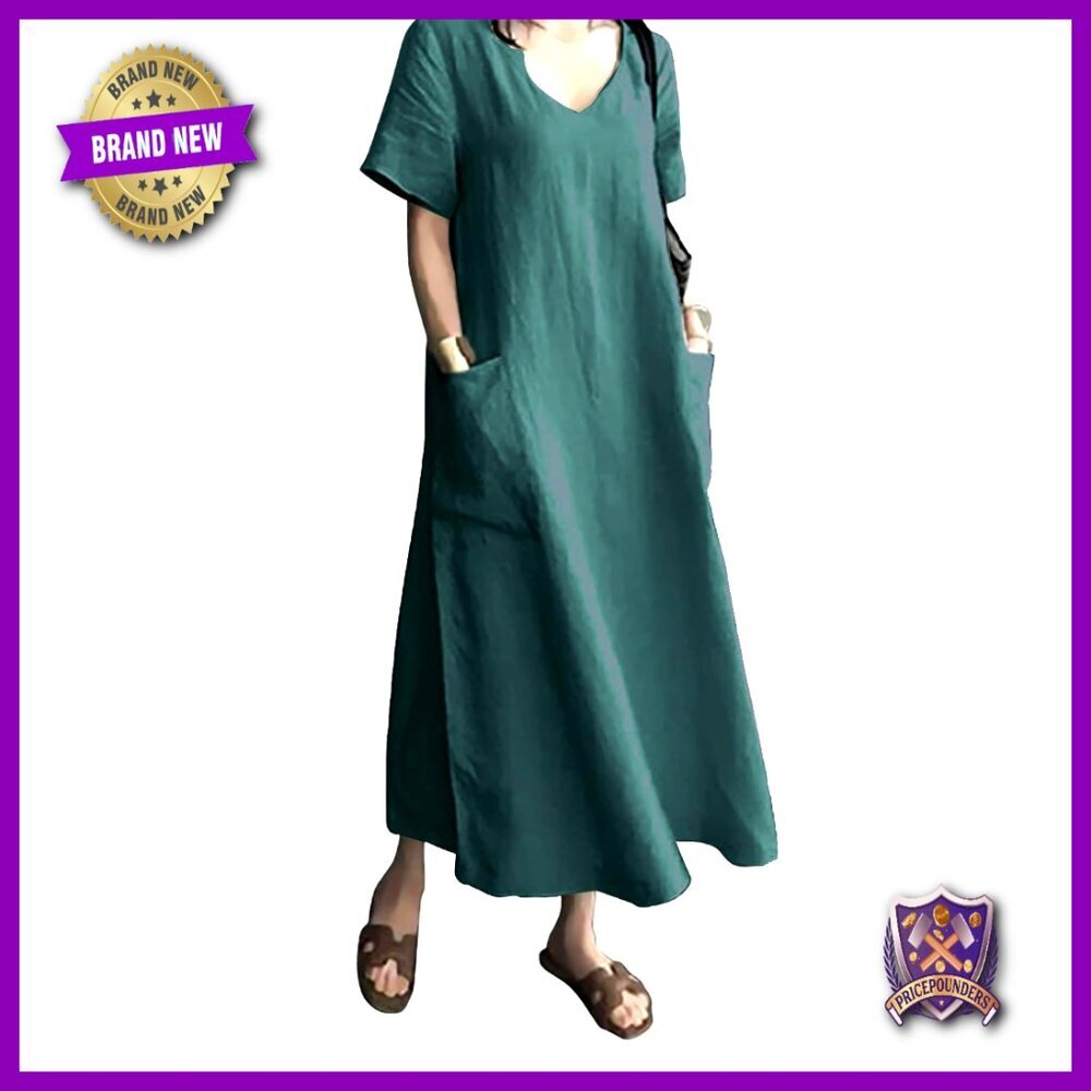 Plus Size Linen Cotton Maxi Dress with Pockets Casual Loose Fit